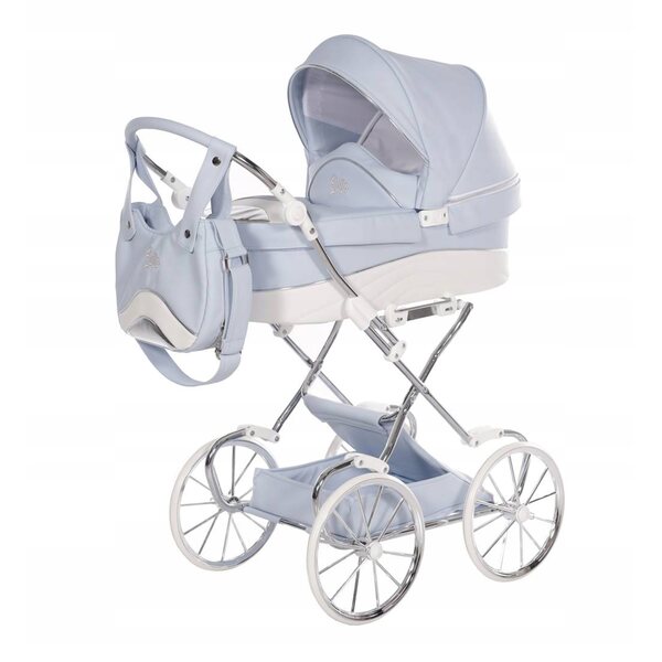 Blauer Mini-Kinderwagen für Junama Lulla-Puppen mit großen Rädern und verstellbarem Griff