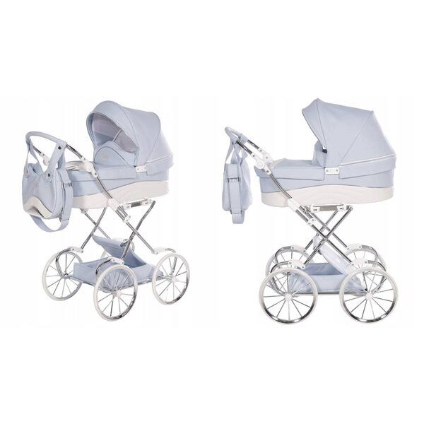 Blauer Mini-Kinderwagen für Junama Lulla-Puppen mit großen Rädern und verstellbarem Griff