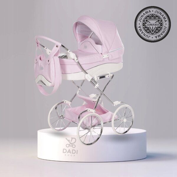 Blauer Mini-Kinderwagen für Junama Lulla-Puppen mit großen Rädern und verstellbarem Griff