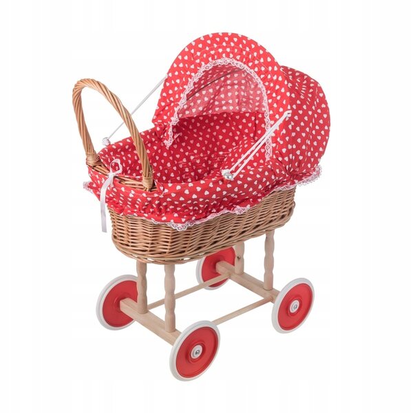 PureWood Kinderwagen aus Korbgeflecht für Puppen mit Stoff mit roten Punkten, 56 cm