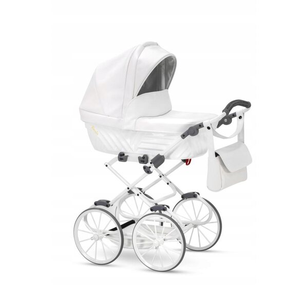 Eleganter Rossie-Puppenkinderwagen aus metallisch weißem Öko-Leder