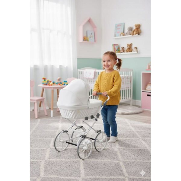 Eleganter Rossie-Puppenkinderwagen aus metallisch weißem Öko-Leder