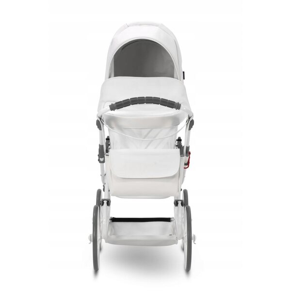 Eleganter Rossie-Puppenkinderwagen aus metallisch weißem Öko-Leder
