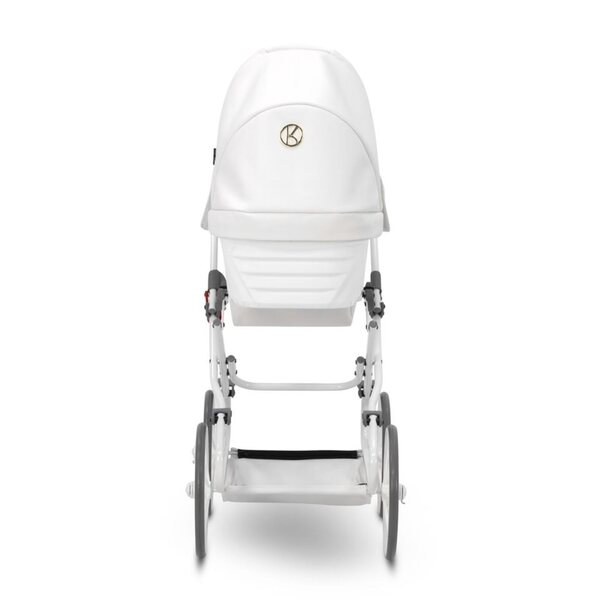 Eleganter Rossie-Puppenkinderwagen aus metallisch weißem Öko-Leder