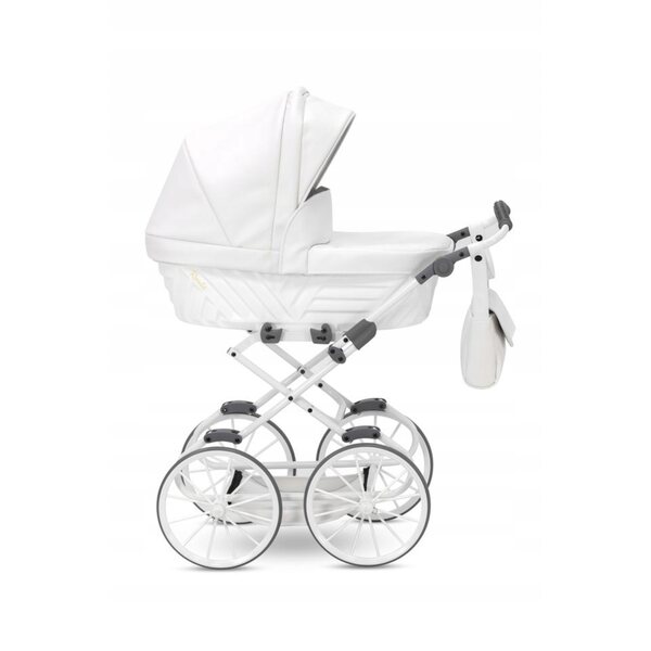 Eleganter Rossie-Puppenkinderwagen aus metallisch weißem Öko-Leder