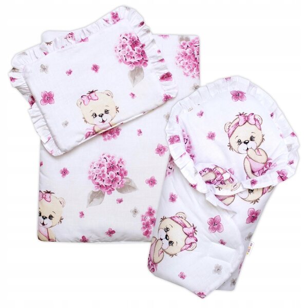 3D-Set für Baby Nellys Puppe mit rosa-weißer Decke, Kissen und Stirnband