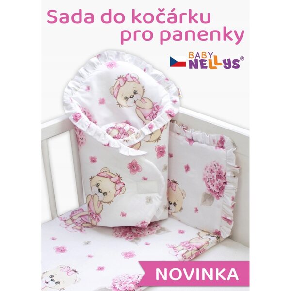 3D-Set für Baby Nellys Puppe mit rosa-weißer Decke, Kissen und Stirnband