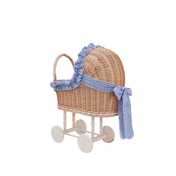 Passeggino per bambole in vimini Natur con volant e biancheria da letto - artigianato per bambini
