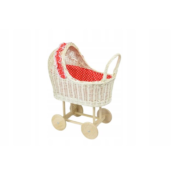 Puppenwagen aus gebleichtem Korbgeflecht mit rotem Stoff, 45 x 29 x 40 cm