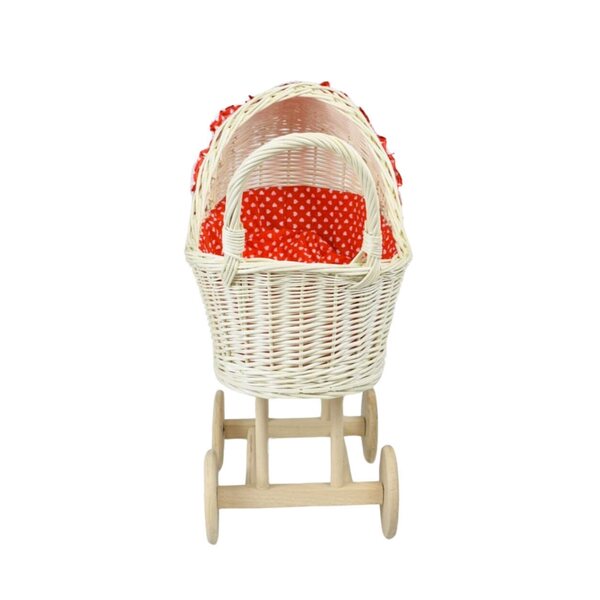 Poppenwagen van gebleekt riet met rode stof 45x29x40 cm