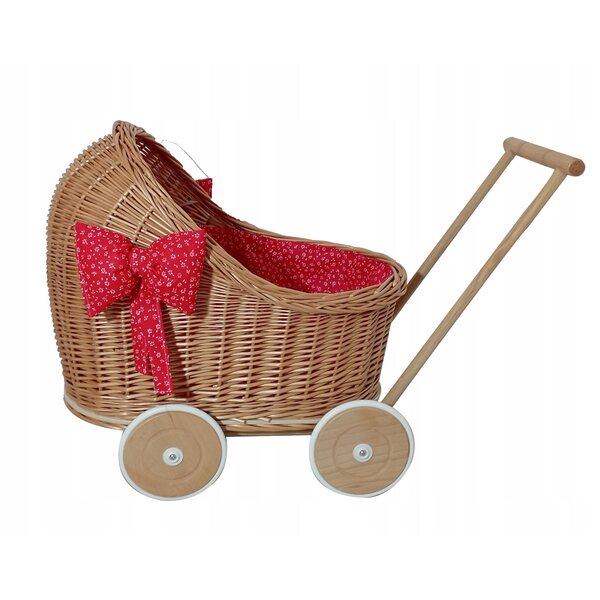 Passeggino in vimini per bambole con biancheria da letto naturale: un giocattolo ecologico per bambini