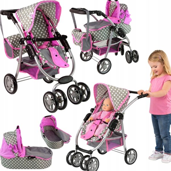 2 in 1 Puppenwagen mit Gondel und Tasche, rosa mit Sternen – Kinderwagen