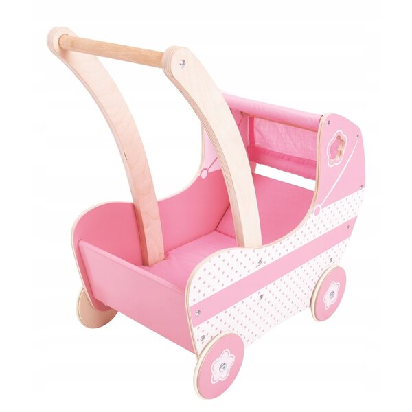 Passeggino per bambole Bigjigs Toys in legno rosa con copertura in tessuto