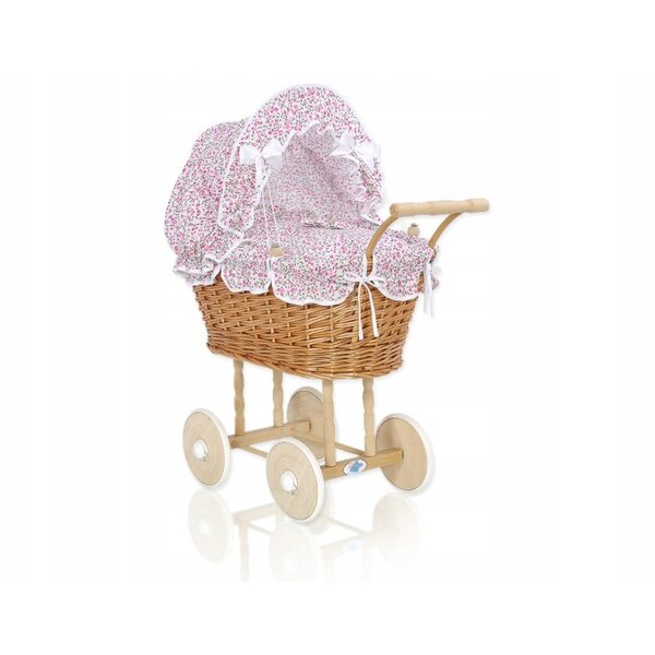 My Sweet Baby tiefer Puppenwagen aus Naturgeflecht und rosa Bettwäsche