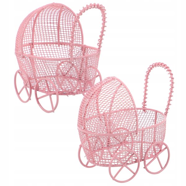 Set van 2 mini roze ijzeren kinderwagens voor poppen, miniatuuraccessoires voor thuis