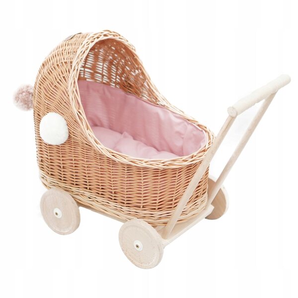 Niedriger Puppenwagen aus Naturgeflecht mit Pompons und rosa Verzierung