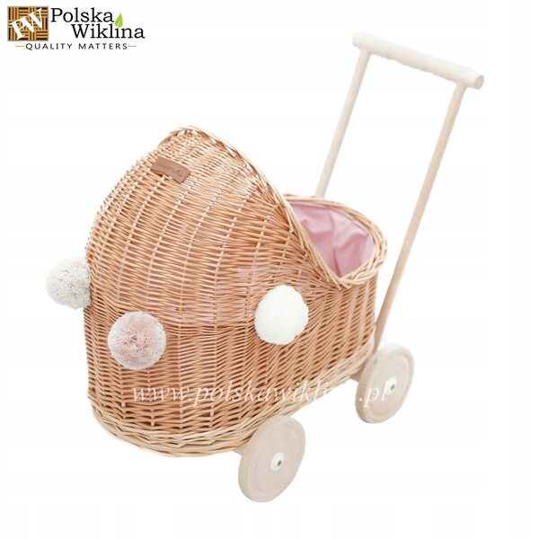 Niedriger Puppenwagen aus Naturgeflecht mit Pompons und rosa Verzierung