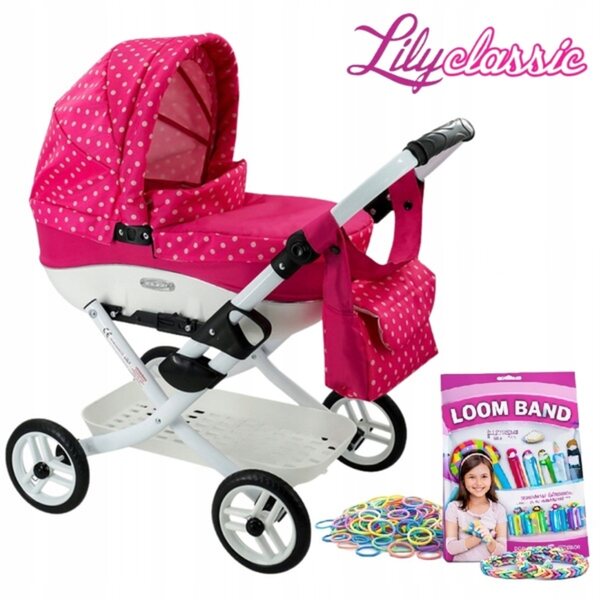 Adbor LILY LC-09 Puppenwagen mit Tasche und Korb + Set farbiger Gummibänder