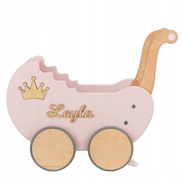 Dondolino in legno personalizzato con nome, passeggino e spingi-bambola per bambine