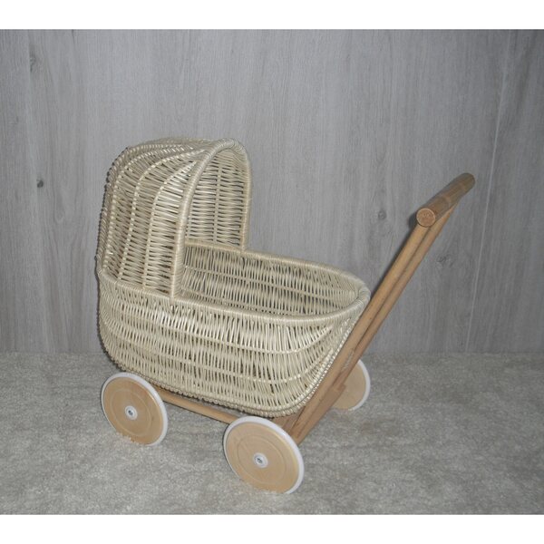 Retro rieten poppenwagen in ecru - milieuvriendelijk speelgoed voor kinderen vanaf 12 maanden