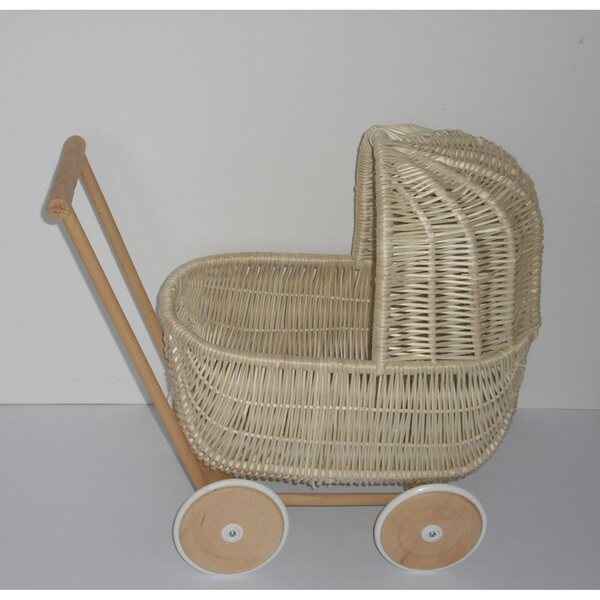 Retro rieten poppenwagen in ecru - milieuvriendelijk speelgoed voor kinderen vanaf 12 maanden