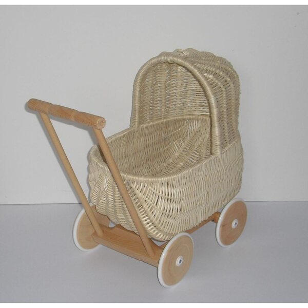 Retro rieten poppenwagen in ecru - milieuvriendelijk speelgoed voor kinderen vanaf 12 maanden