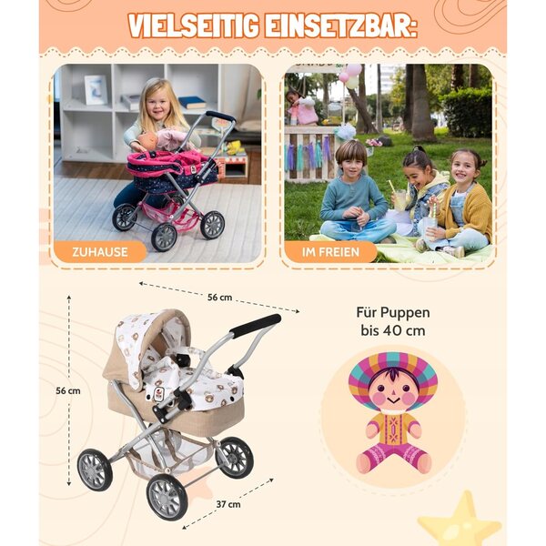 Smarty beige faltbarer Puppenwagen mit Tasche, für Kinder ab 2 Jahren