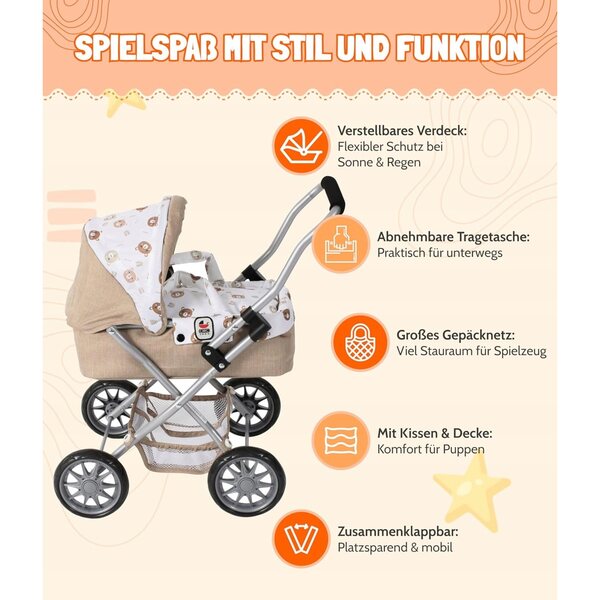 Smarty beige faltbarer Puppenwagen mit Tasche, für Kinder ab 2 Jahren