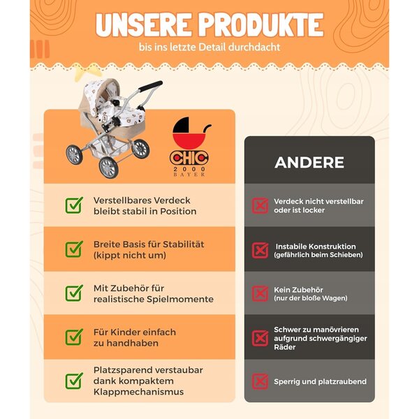 Smarty beige faltbarer Puppenwagen mit Tasche, für Kinder ab 2 Jahren