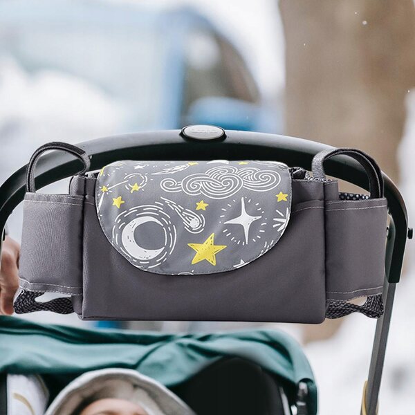 Organizer universale grigio scuro per passeggino con portabicchiere in poliestere