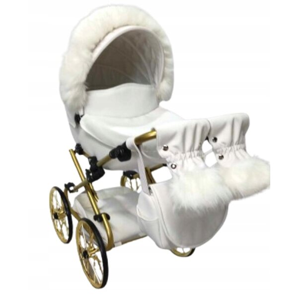 Verstellbarer Vintage-Puppenwagen von Darsi in Weiß und Gold für kleine Mädchen
