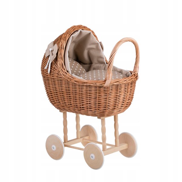 Passeggino in vimini per bambole con finiture beige, trapunta e cuscino: un giocattolo ecologico per bambini