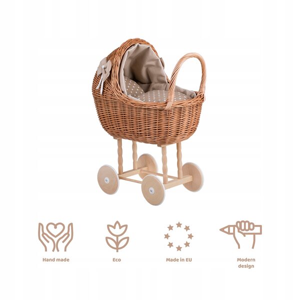 Passeggino in vimini per bambole con finiture beige, trapunta e cuscino: un giocattolo ecologico per bambini