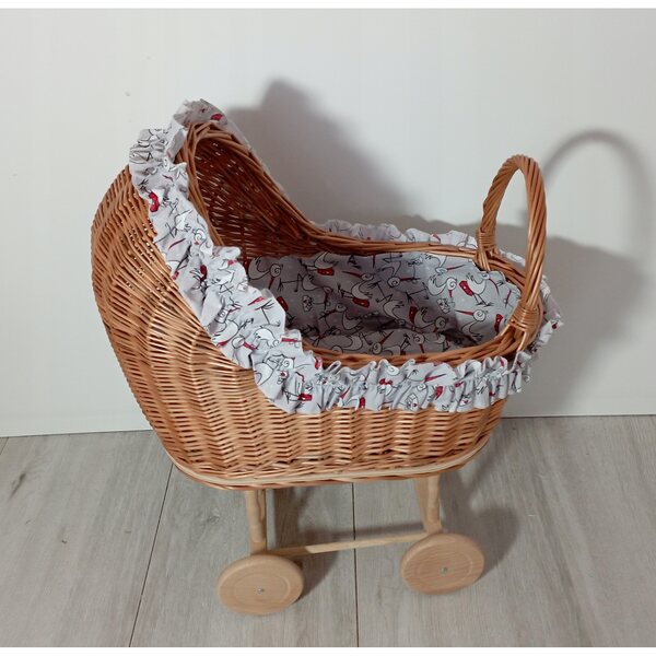 Wòzek en osier pour poupées avec lit bébé et layette douce produit 100% polonais