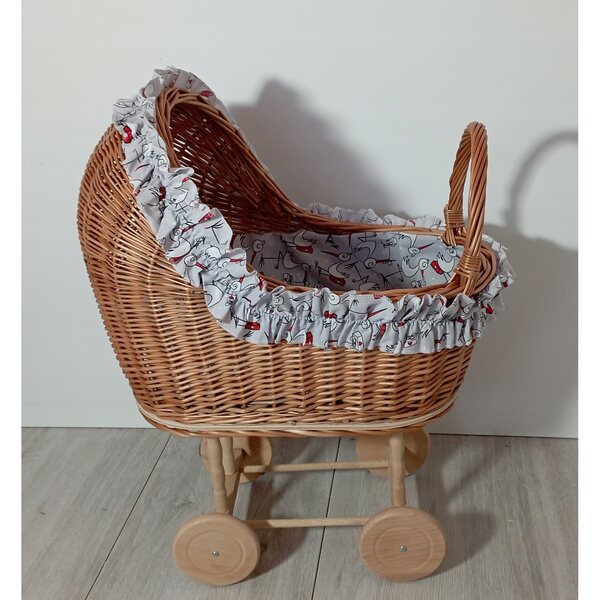 Wòzek en osier pour poupées avec lit bébé et layette douce produit 100% polonais