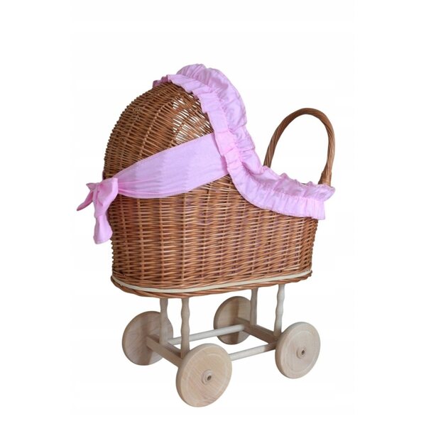 Rosa Puppenwagen aus Korbgeflecht mit handgenähtem Kissen und Steppdecke