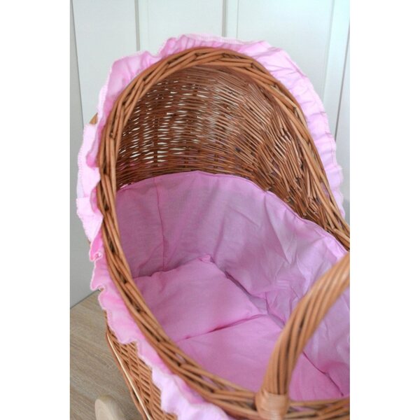 Passeggino per bambole in vimini rosa con cuscino e trapunta cuciti a mano