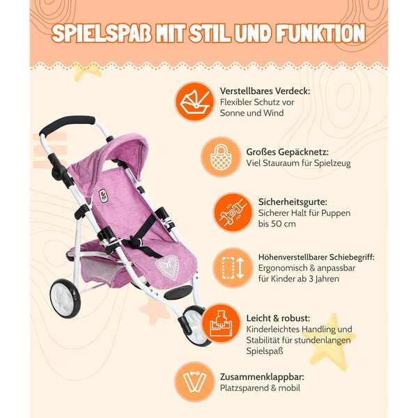 Bayer Chic Melange Flieder Puppenwagen rosa mit Sicherheitsgurten