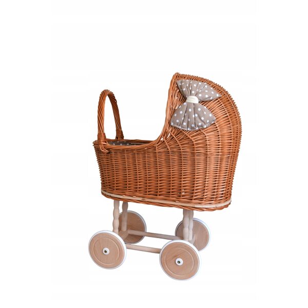 Puppenwagen aus Naturgeflecht mit Gummirädern und beige-weißen Details