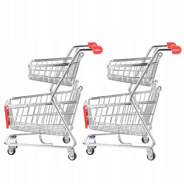 Set mit 2 dekorativen Mini-Einkaufswagen aus silbernem Metall für Schreibtisch und Organisation