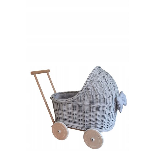 Grauer Puppenwagen aus Korbgeflecht mit Gummireifen und Bettwäsche – Babyset