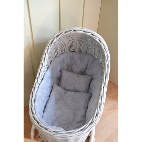 Grauer Puppenwagen aus Korbgeflecht mit Gummireifen und Bettwäsche – Babyset