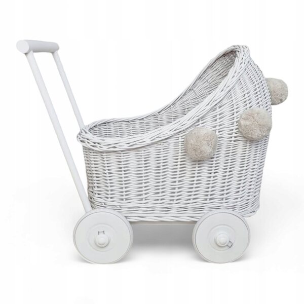 Rieten witte pusher poppenwagen met retro-stijl pompons