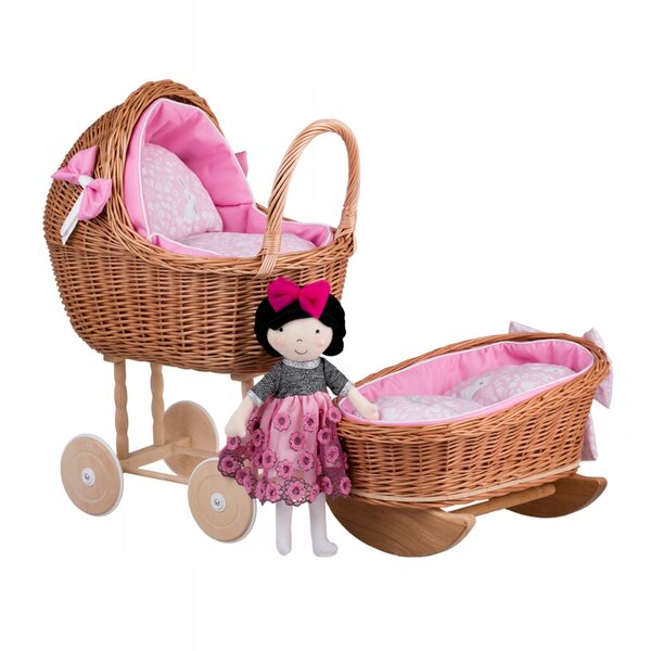Puppenwagen- und Stubenwagen-Set aus Weidengeflecht mit rosa Besatz und Bettwäsche