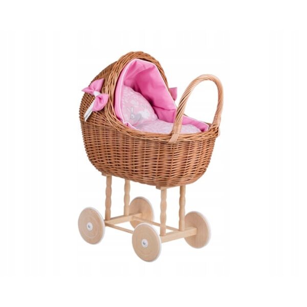 Puppenwagen- und Stubenwagen-Set aus Weidengeflecht mit rosa Besatz und Bettwäsche