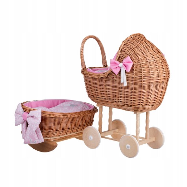Puppenwagen- und Stubenwagen-Set aus Weidengeflecht mit rosa Besatz und Bettwäsche