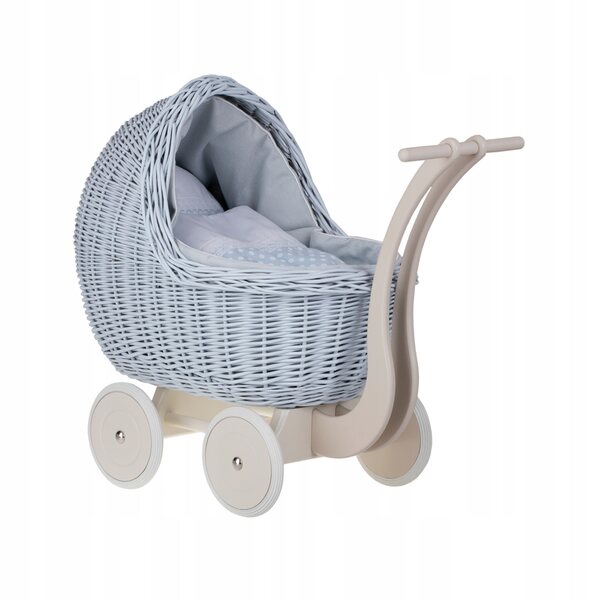 Puppenwagen aus Korbgeflecht mit blauer Polsterung, Kissen und Leinendecke