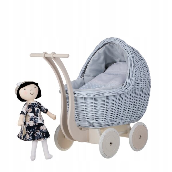 Puppenwagen aus Korbgeflecht mit blauer Polsterung, Kissen und Leinendecke