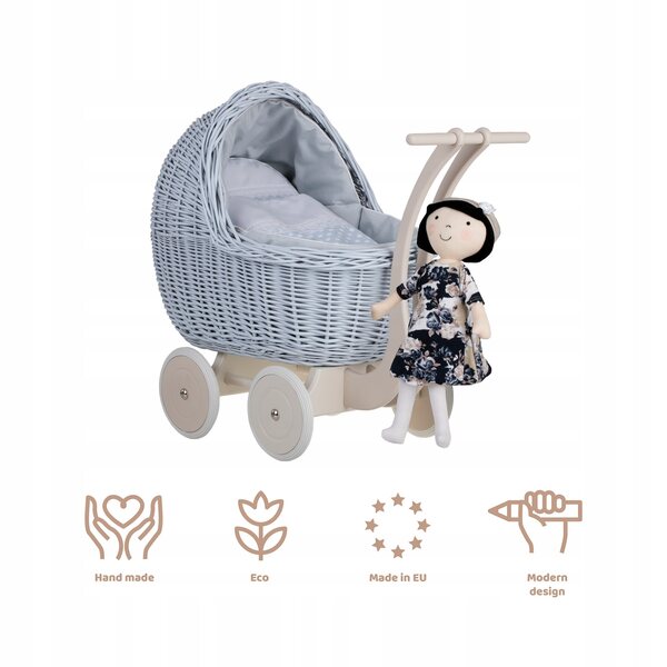 Puppenwagen aus Korbgeflecht mit blauer Polsterung, Kissen und Leinendecke
