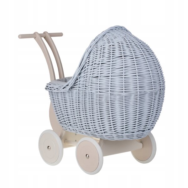 Puppenwagen aus Korbgeflecht mit blauer Polsterung, Kissen und Leinendecke